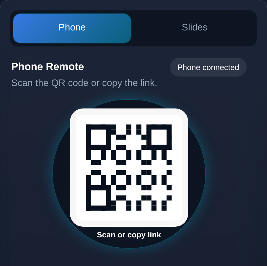The Bear Presenter panel on the laptop that shows the pairing code: a QR code with “Scan or copy link” and a “Phone connected” status.